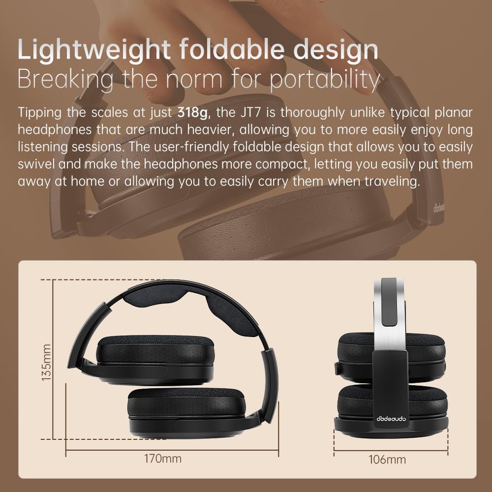 FiiO JT7 Over-Ear Planar Magnetic Headphones, 95x86mm Planar Driver, 3µm Ultra-Thin Diaphragm, Foldable Lightweight Design, Detachable 4.4mm/3.5mm Cable for Audiophiles (Black)