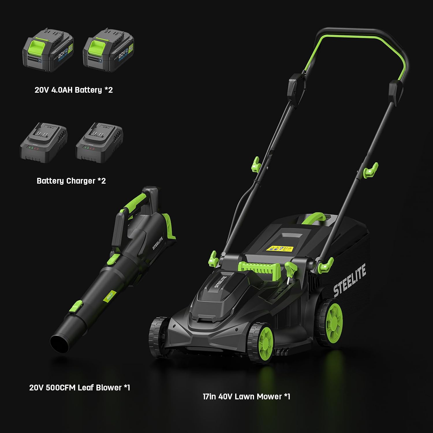 STEELITE 40V (2x20V) 17' Cordless Lawn Mower & 500 CFM Electric Leaf Blower Combo Kit with 2x4.0Ah Batteries & Dual Chargers