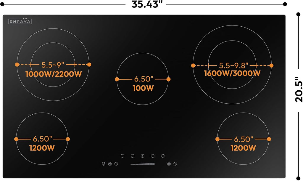 Empava 36 Inch Electric Ceramic Cooktop Built-in, 5 Radiant Burners with Dual Ring Rear Elements & 100W Insulation Zone, Touch Slider Control, Stop & Go, Child Lock, ETL Certified