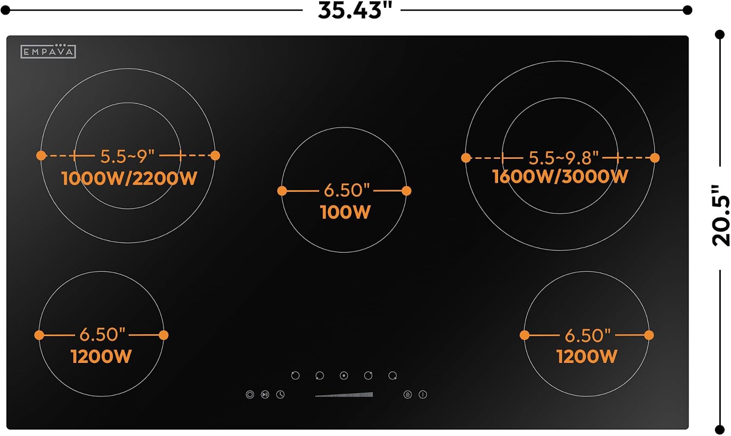 Empava 36 Inch Electric Ceramic Cooktop Built-in, 5 Radiant Burners with Dual Ring Rear Elements & 100W Insulation Zone, Touch Slider Control, Stop & Go, Child Lock, ETL Certified