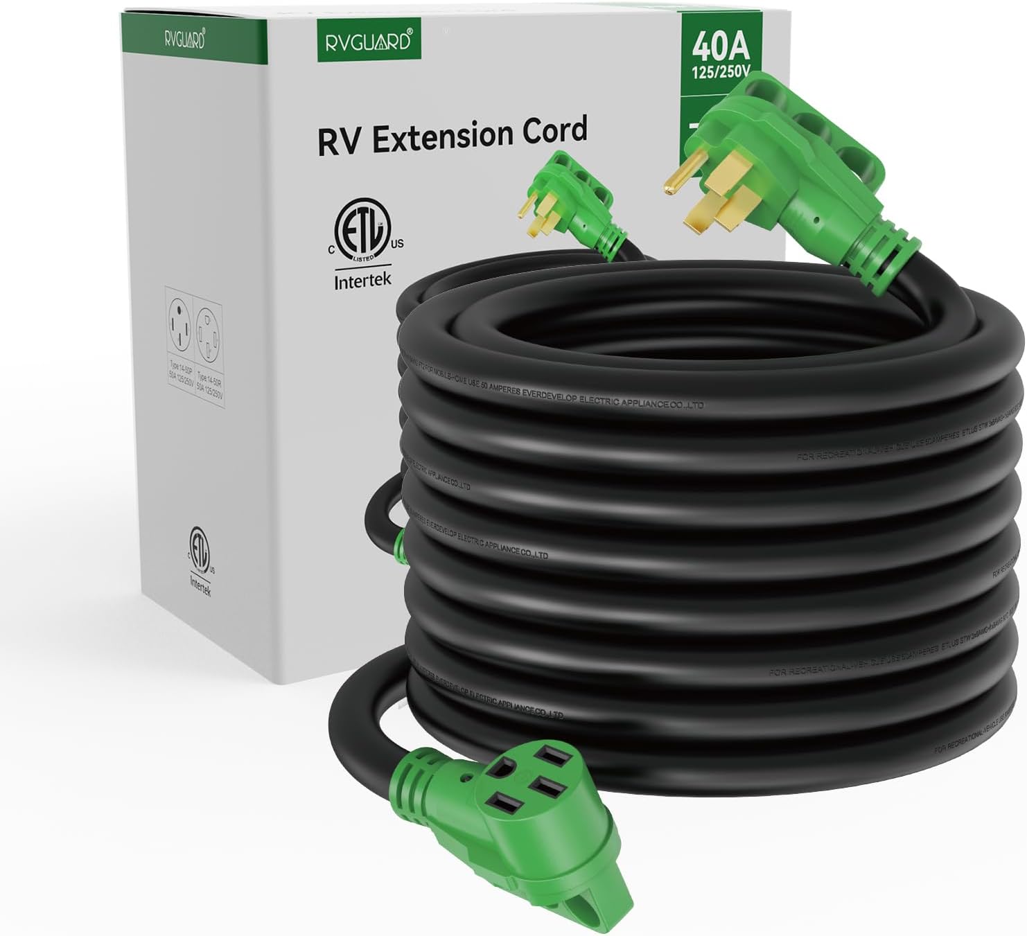 RVGUARD 50 Amp 75 Foot RV/EV Extension Cord, NEMA 14-50P/R Heavy Duty Extension Cord with LED Power Indicator and Cord Organizer, Green, ETL Listed