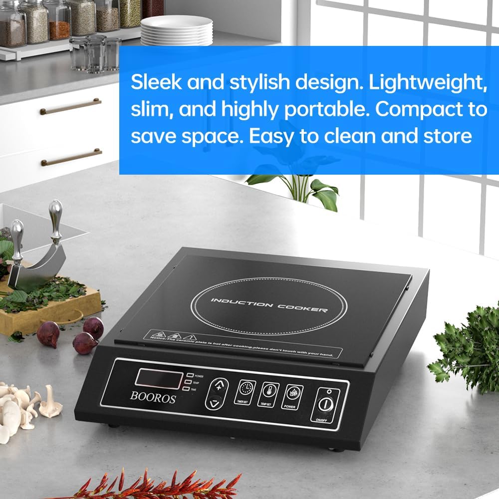 BOOROS Portable Induction Cooktop 1800W Induction Hot Plates for Countertop,8.66-Inch Dual Heating Coils,10 Temperature Levels 175-520°F (80-270°C),24-Hour Timer,Key Touch,Easy to Clean,Black,110V