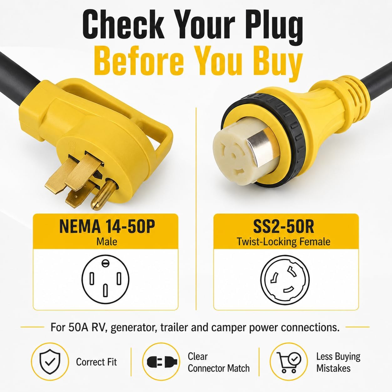 50FT 50 Amp RV Extension Cord, NEMA 14-50P to SS2-50R Twist Lock Power Cord, 6/3 + 8/1 STW Heavy Duty Outdoor Cord for RV, Trailer, Camper, Generator Connection, 125/250V