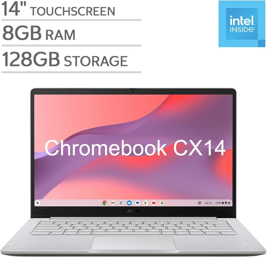 ASUS Chromebook CX14 14.0' FHD Touchscreen Display (Intel Celeron N4500, 8GB RAM, 128GB eMMC SSD, Wi-Fi 6, BT 5.4, HD Webcam, Dockztorm USB HUB, Chrome OS) - Ideal for Everyday Value Use (Renewed)