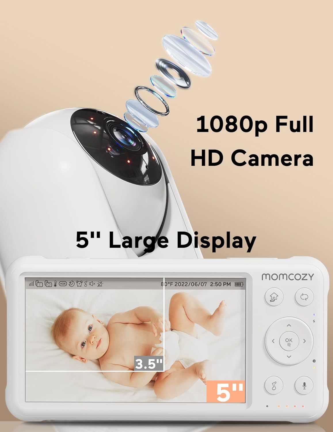 Momcozy Video Baby Monitor, 1080P 5' HD Baby Monitor with Camera & Wall Mount, Infrared Night Vision, 5000mAh Battery, 2-Way Audio, Temperature Sensor, Lullabies, 960ft Range, Ideal for New Moms, BM01