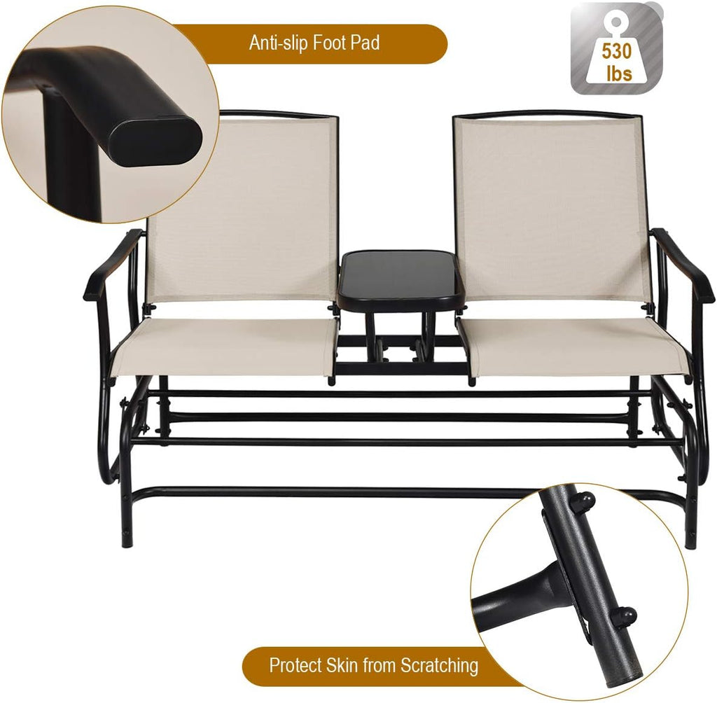 Giantex Patio Bench Glider Chair with Metal Frame, Center Tempered Glass Table, Outside Double Rocking Swing Loveseat for Porch, Garden, Poolside, Balcony, Lawn Rocker Outdoor Glider Bench(Beige)