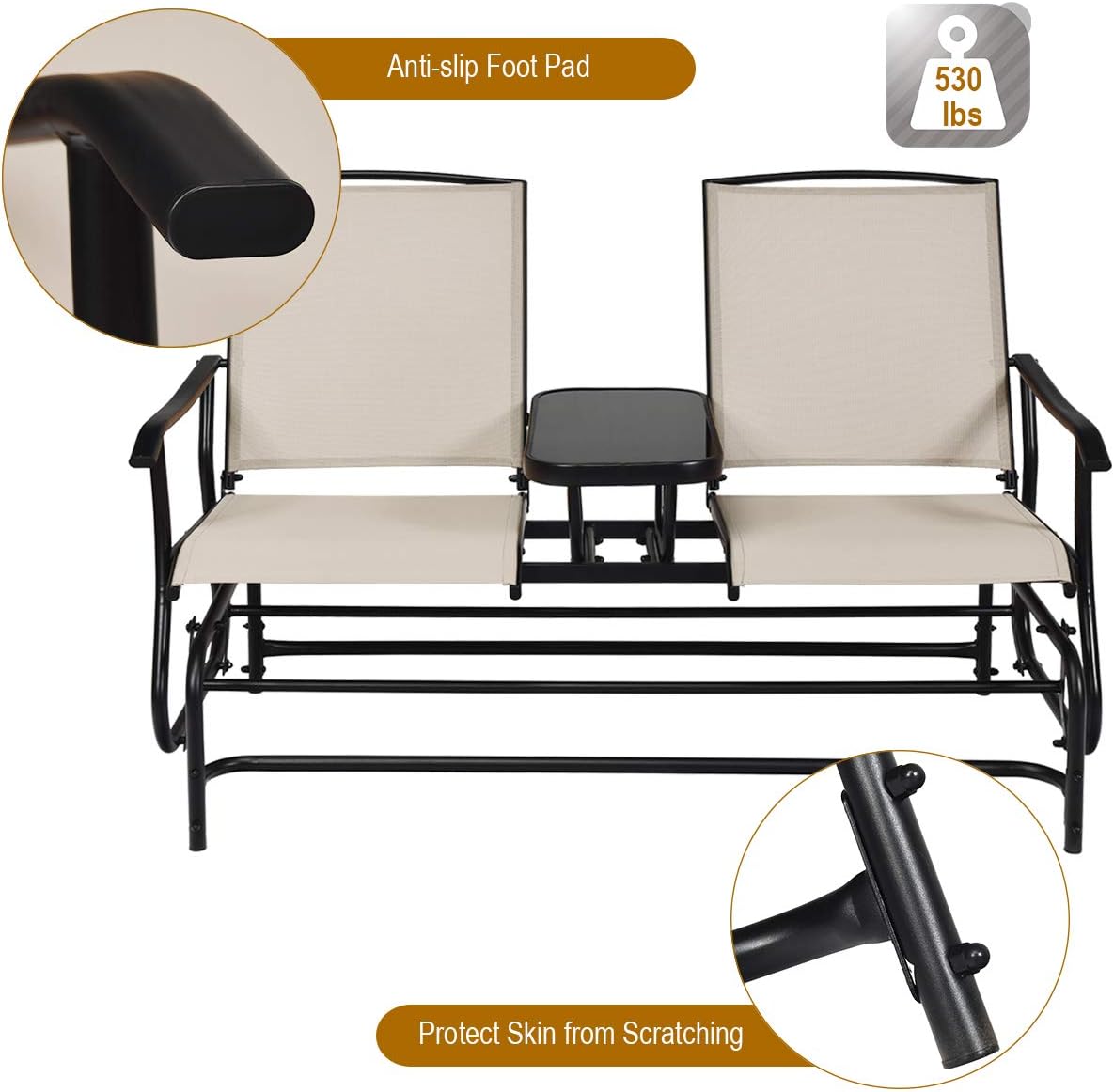 Giantex Patio Bench Glider Chair with Metal Frame, Center Tempered Glass Table, Outside Double Rocking Swing Loveseat for Porch, Garden, Poolside, Balcony, Lawn Rocker Outdoor Glider Bench(Beige)