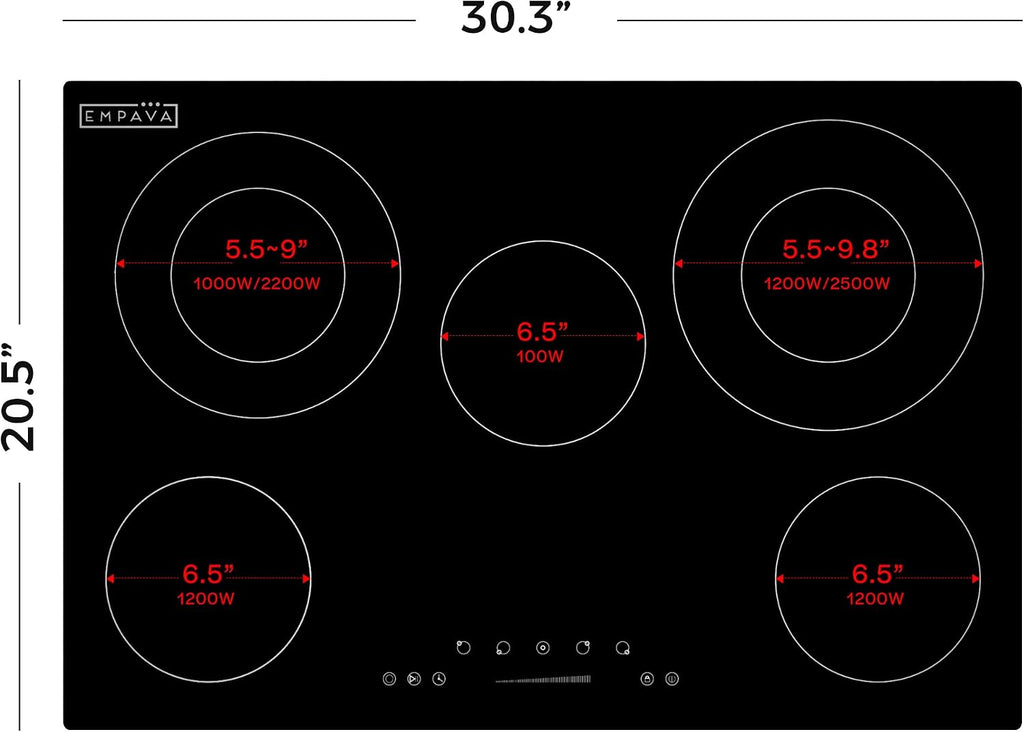 Empava 30 Inch Electric Cooktop, 5 Radiant Burners with 2 Dual-Zone Elements & 100W Warmer, Touch Controls, Timer, Child Lock, Built-in Ceramic Glass, Hardwired, ETL Certified