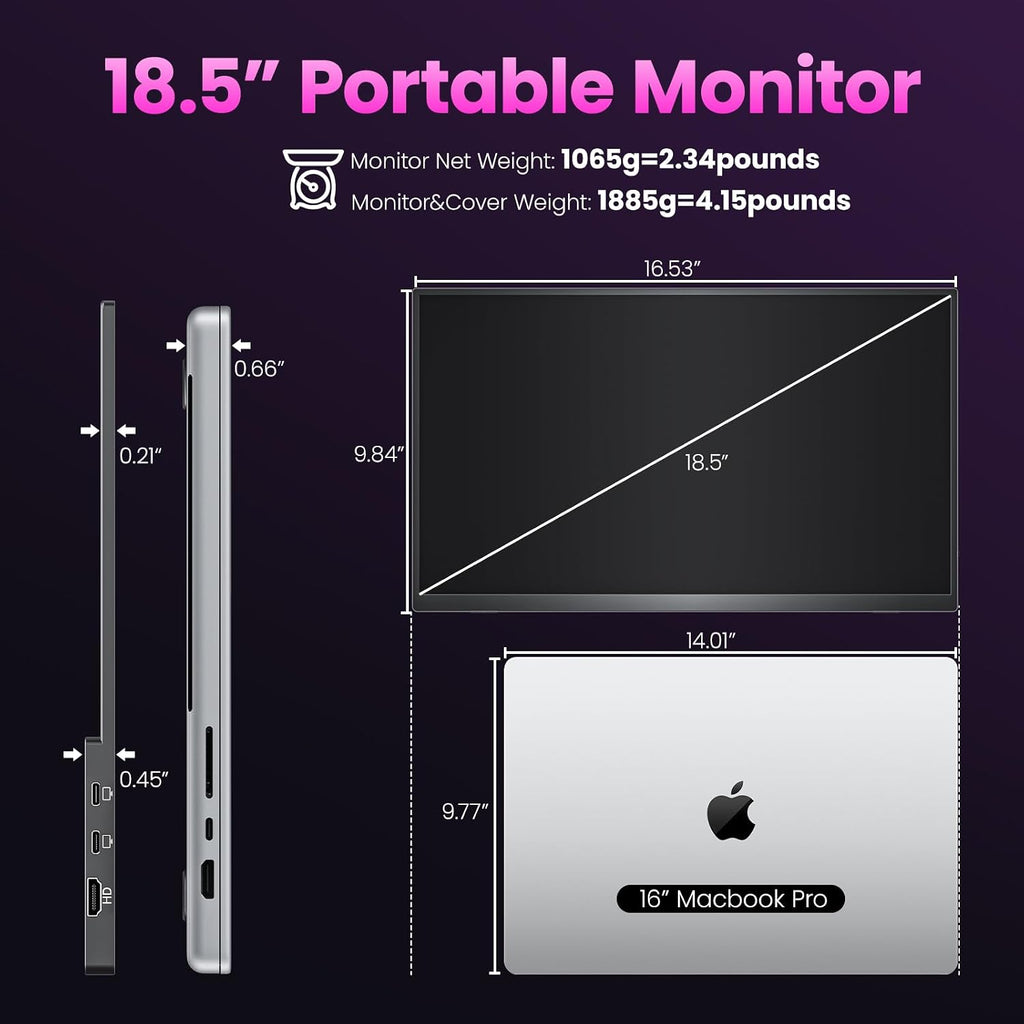 Upperizon Portable Monitor 18.5 inch FHD 130% sRGB 100Hz HDR HDMI USB-C Travel Monitor for Laptop MacBook PC Surface PS5 Xbox, Large External Display with Cover & Speakers, VESA Compatible