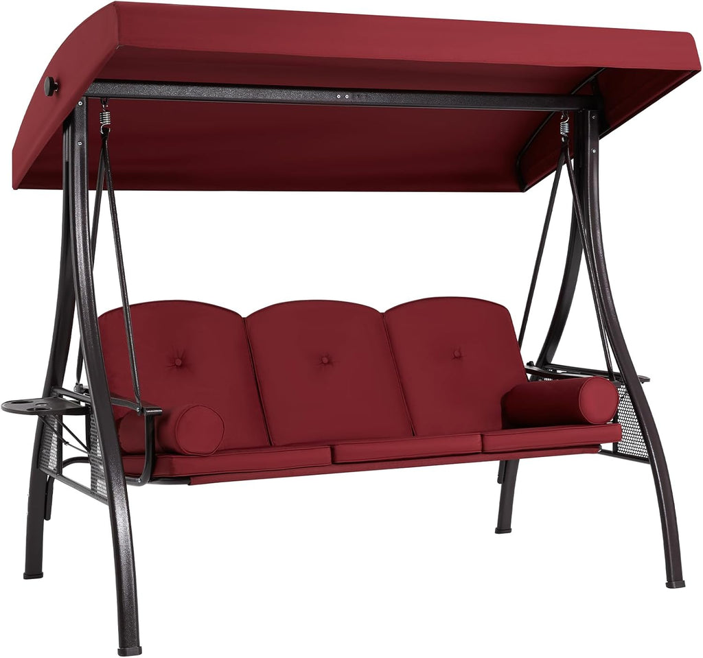 HOMREST 3 Seat Outdoor Porch Swing with 1.5' Deepened Cup Holder, Adjustable Canopy, Patio Swing Bed with Stand, Patio Glider Swing with Thicken Cushions, Pillow for Yard, Garden(Wine Red)