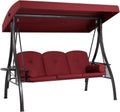 HOMREST 3 Seat Outdoor Porch Swing with 1.5' Deepened Cup Holder, Adjustable Canopy, Patio Swing Bed with Stand, Patio Glider Swing with Thicken Cushions, Pillow for Yard, Garden(Wine Red)