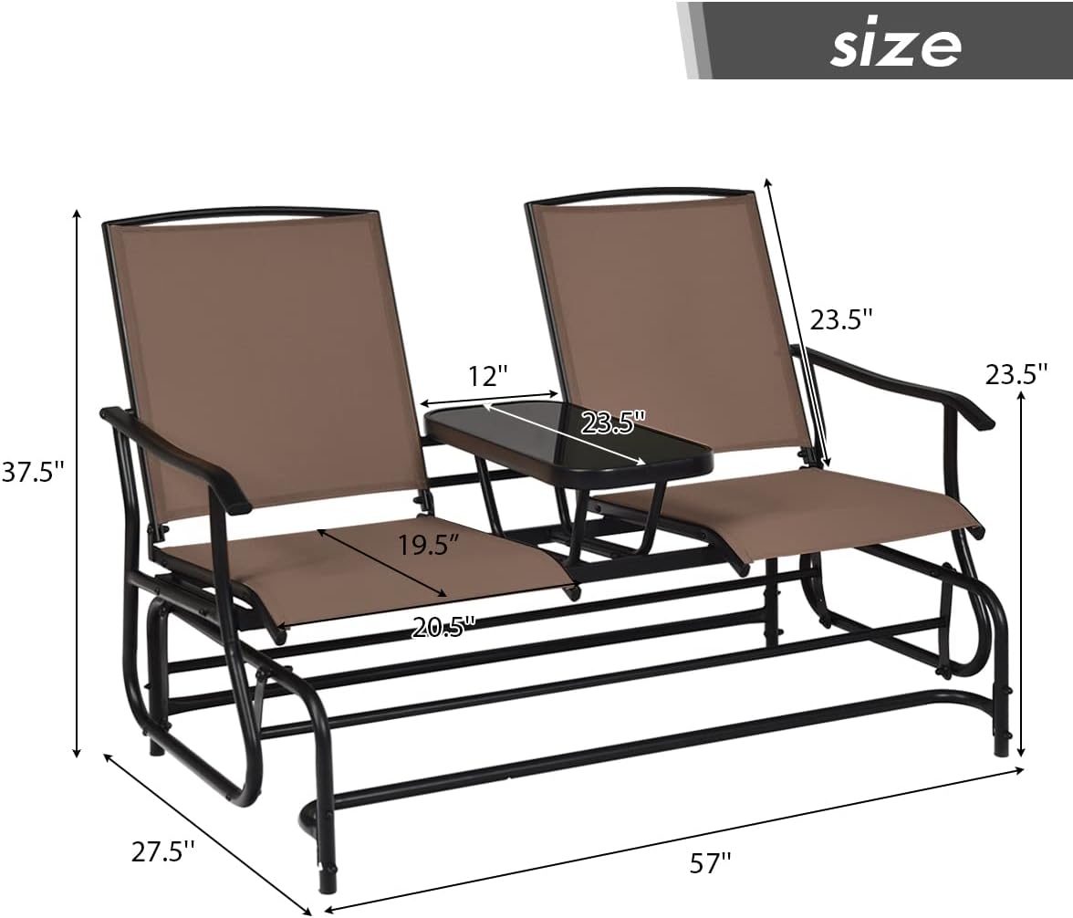 Giantex Patio Bench Glider Chair with Metal Frame, Center Tempered Glass Table, Outside Double Rocking Swing Loveseat for Porch, Garden, Poolside, Balcony, Lawn Rocker Outdoor Glider Bench(Brown)