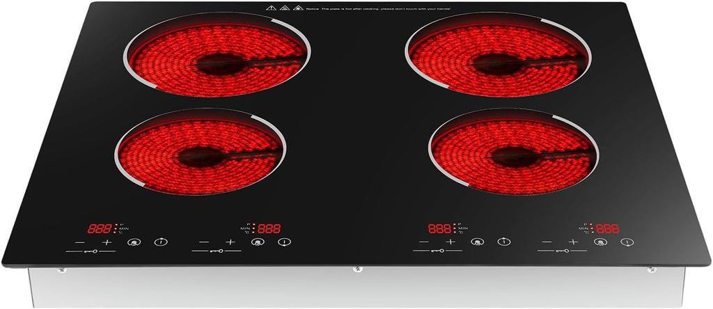 4 Burner Electric Cooktop 110v, 23 Inch Portable Stove Cooktop with LED Display, Child Safety Lock and Timer, 3000W 9 Power Level Electric Ceramic Built-in Stove Top, Hard Wire (No Plug)