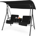 Tangkula 2 Person Porch Swing, Outdoor Swing with Pivot Storage Table, Cooler Bag, 2 Cup Holders, Removable Cushions, Patio Swing with Canopy for Backyard Balcony Poolside (Black)