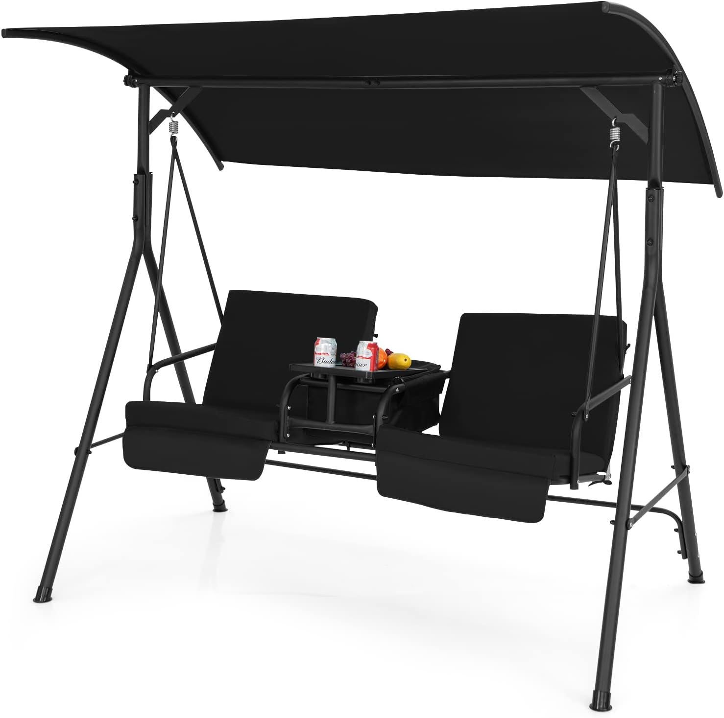 Tangkula 2 Person Porch Swing, Outdoor Swing with Pivot Storage Table, Cooler Bag, 2 Cup Holders, Removable Cushions, Patio Swing with Canopy for Backyard Balcony Poolside (Black)