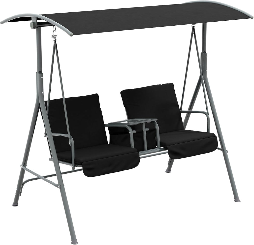 Outsunny 2 Person Porch Swing with Stand, Outdoor Swing with Canopy, Pivot Storage Table, 2 Cup Holders, Cushions for Patio, Backyard, Black