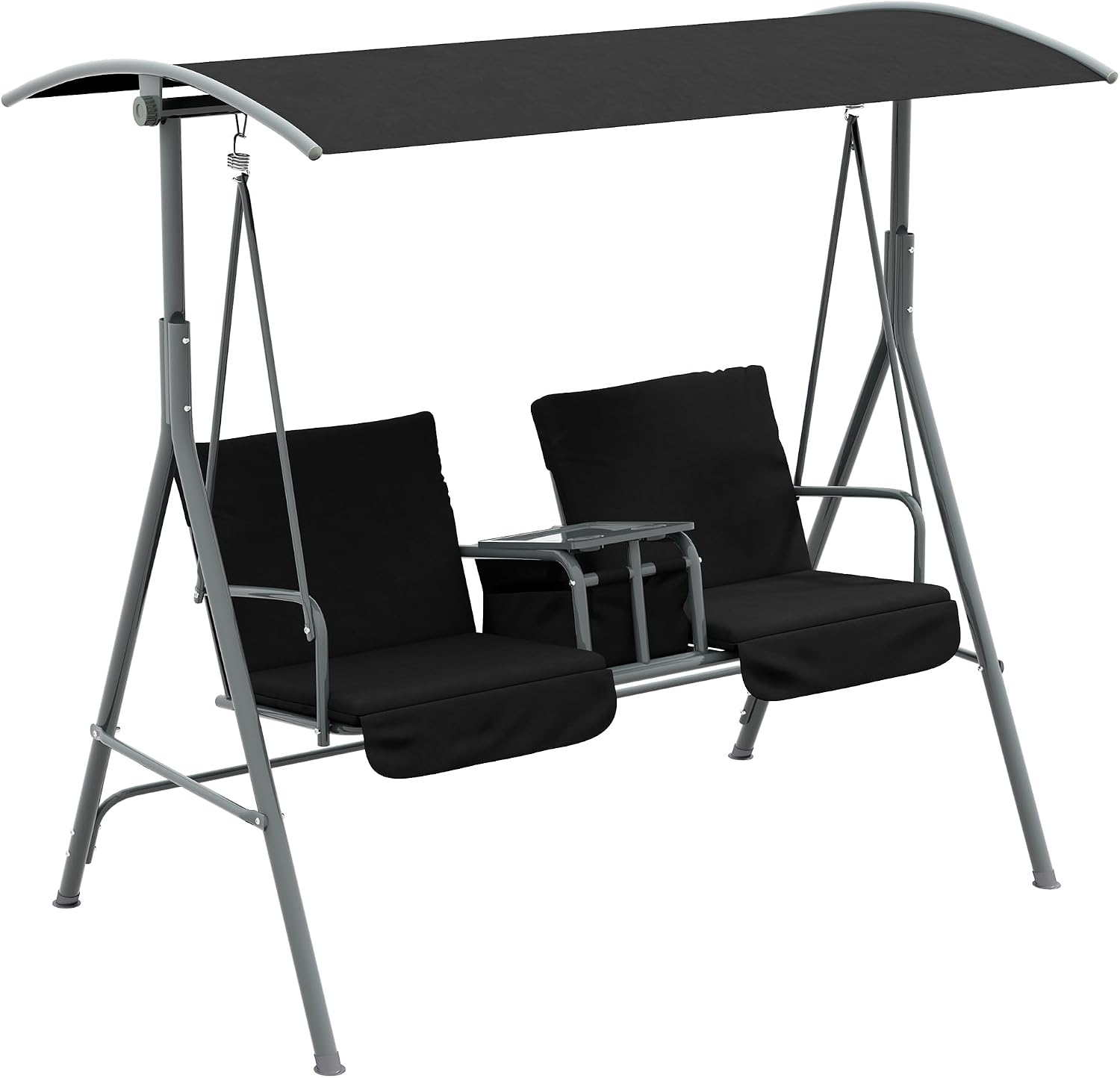 Outsunny 2 Person Porch Swing with Stand, Outdoor Swing with Canopy, Pivot Storage Table, 2 Cup Holders, Cushions for Patio, Backyard, Black