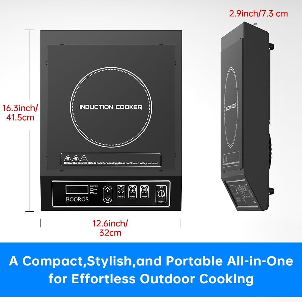 BOOROS Portable Induction Cooktop 1800W Induction Hot Plates for Countertop,8.66-Inch Dual Heating Coils,10 Temperature Levels 175-520°F (80-270°C),24-Hour Timer,Key Touch,Easy to Clean,Black,110V
