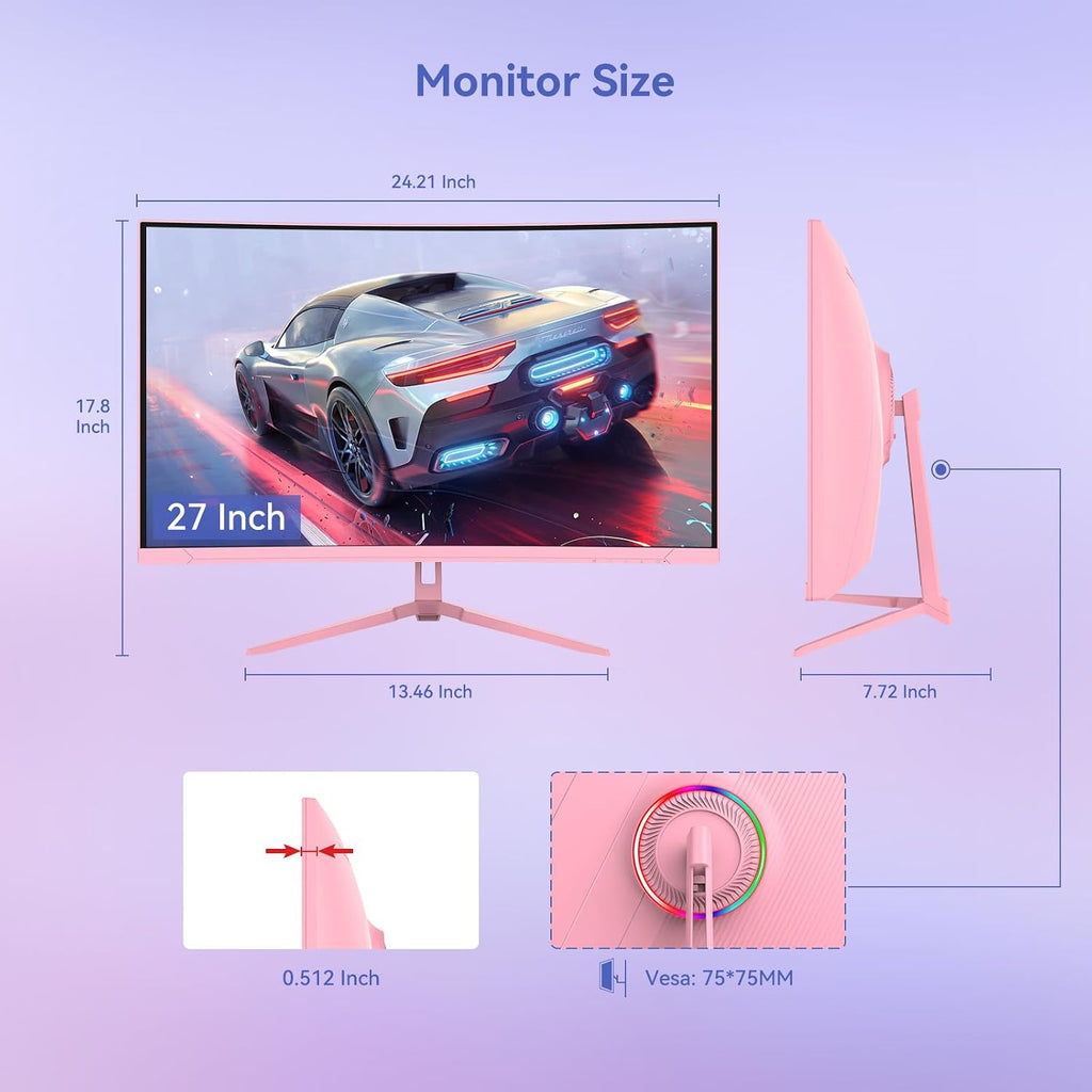 Raywego Pink Curved Gaming Monitor 180Hz with RGB Backlight,1080P Gaming Monitor 27 inch,4000:1 Contrast Ratio,FreeSync Crosshair/Timer/FPS/RTS,Tilt Adjustable(DP Cable Included)