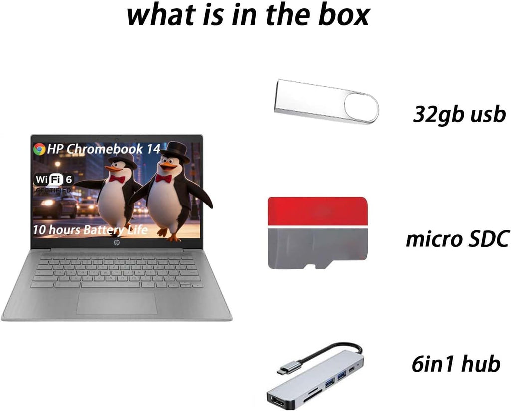 HP Chromebook Laptop for Students & Bussiness, 4GB RAM, 352GB Storage (64emmc+256SDC+32GB USB), Battery Life up to 10 Hours, Wi-Fi 6, Intel Quad-Core (Beat i3), 14 HD, HDMI, Chrome OS, with 6in1 Hub