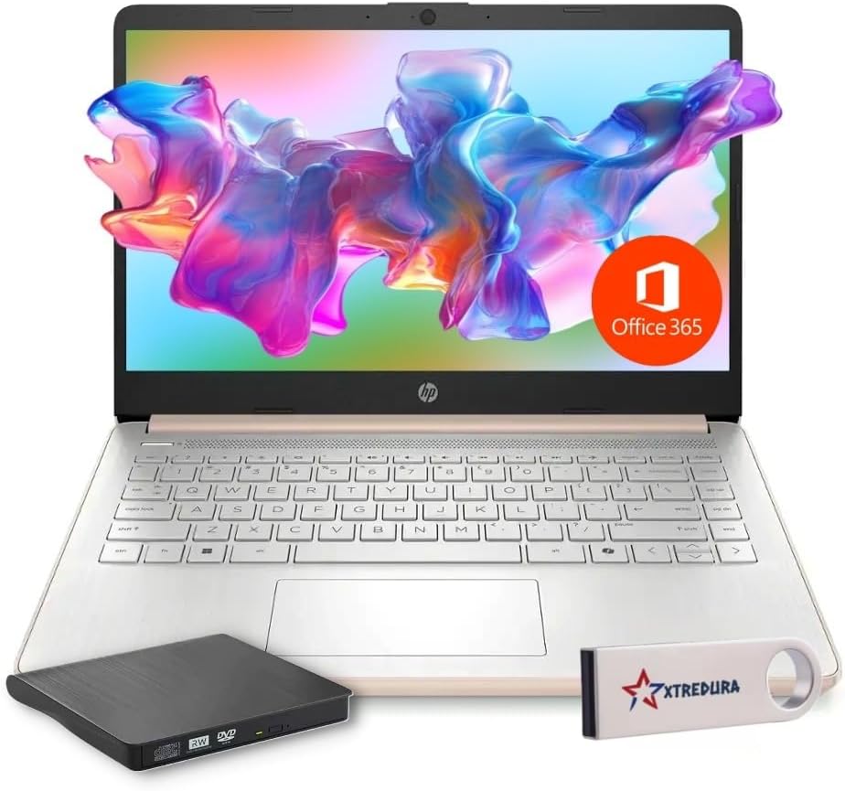HP 14 Laptop Ultra Thin & Light, Intel N150 Quad-Core Processor, 16G RAM, 128GB SSD, HDMI, USB-C, WiFi 6, SD Card Reader, Microsoft Office 365 Included, Windows 11, Rose Gold, XtreDura Accessories
