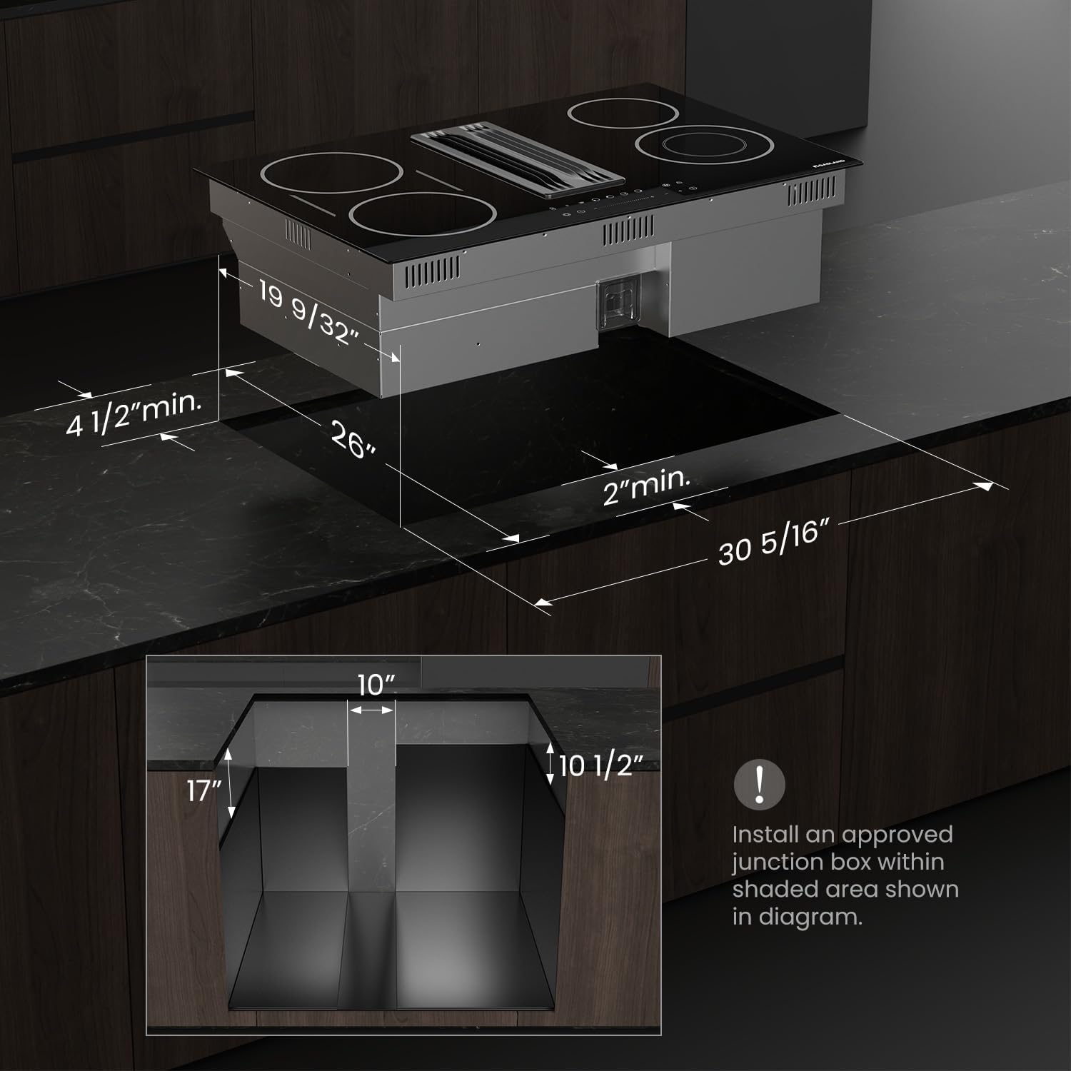 GASLAND Electric Cooktop with Downdraft 31.5 Inch(80cm), 4 Burners Glass Radiant Stovetop 220V, 3-speed Max. 330 CFM Downdraft Exhaust