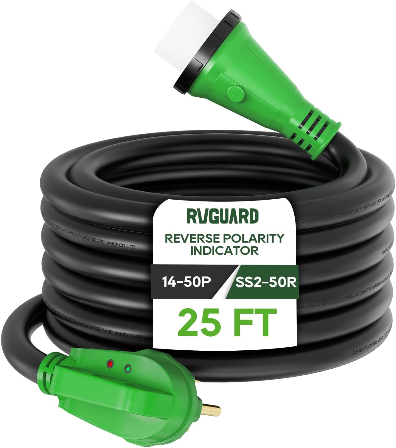RVGUARD 50 Amp 25 Foot RV Power Cord with Reverse Polarity Indicator, 14-50P to SS2-50R Generator Extension Cord, Heavy Duty STW Cord with LED Power Indicator and Cord Organizer, Green, ETL Listed