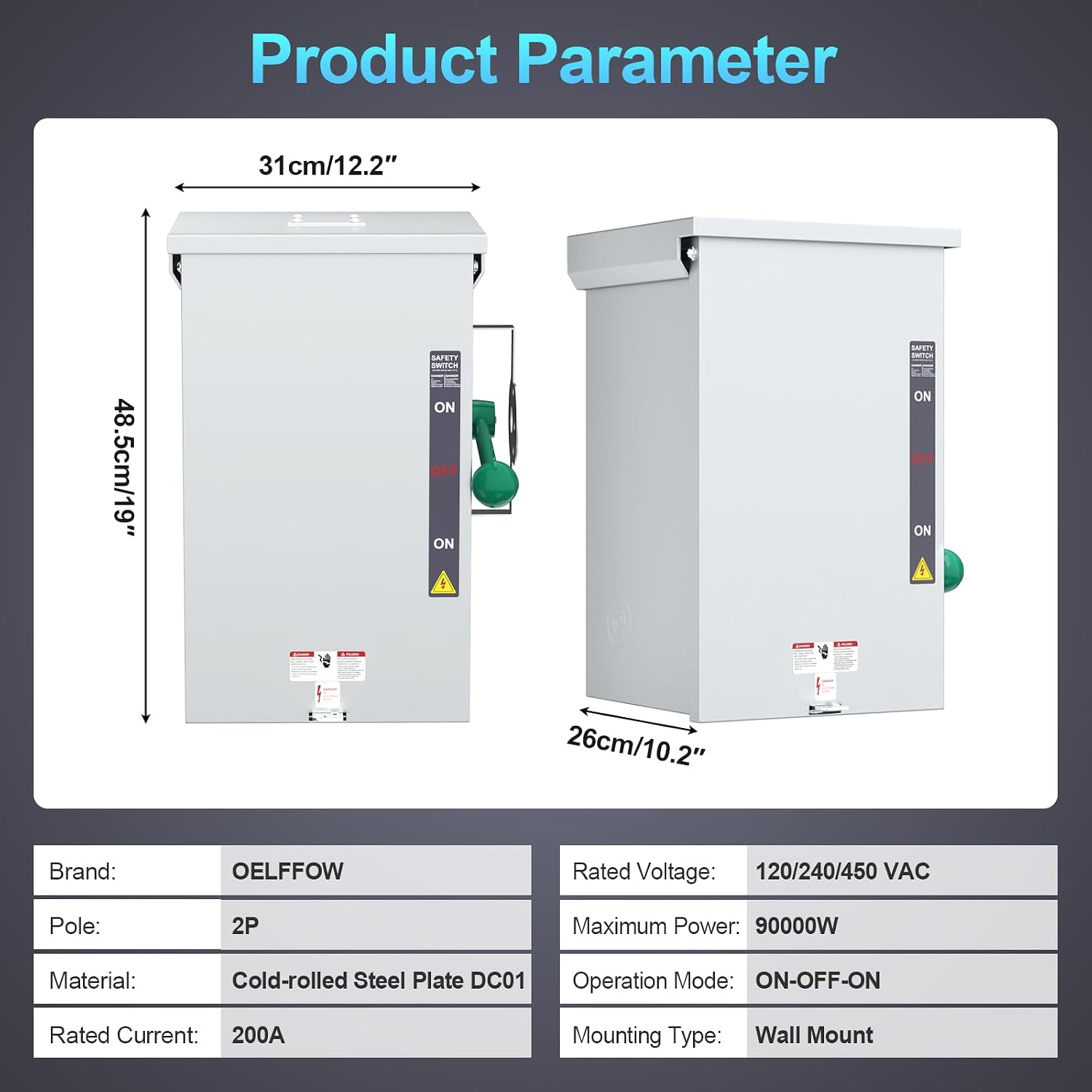 200A Generator Transfer Switch, 24000/48000/90000W General-Duty Double-Throw Safety Switch, 120/240/450V Manual Transfer Switch with Arc Extinguishing Cover, NEMA 3R Standards for Indoor/Outdoor Use