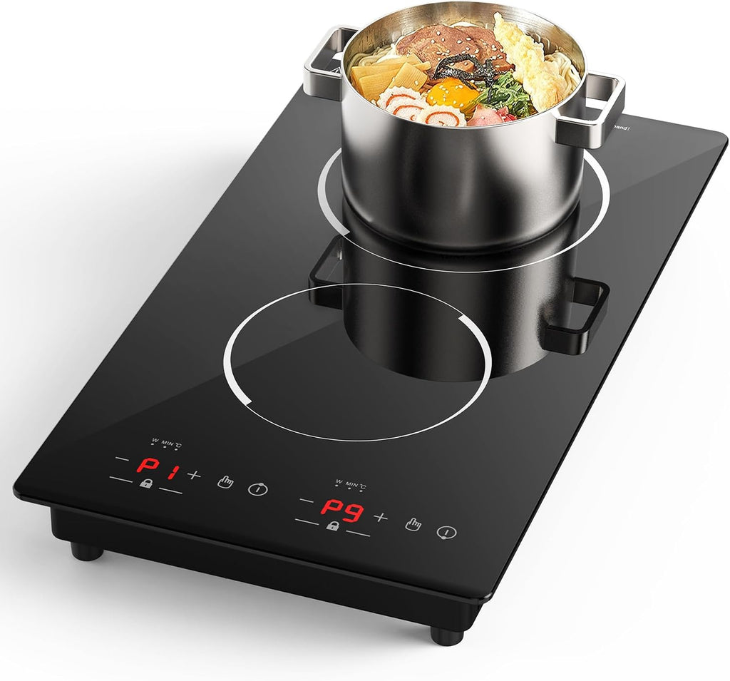 GIHETKUT Double Induction Cooktop,110V 2 Burner Induction Cooktop,2300W Electric Stove Top with Independent Control, Ultrathin Body, 9 Temperature, Multiple Power Levels, 2 Hour Timer, Safety Lock