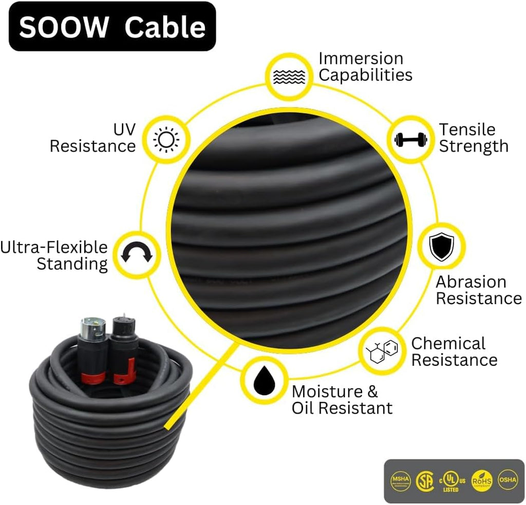 Spider Box Twist-Lock Generator Power Extension Cord, 50 Amp, 125/250V, SOOW Cable Type, Gauge 6/4, Professional-Grade California Standard Locking Extensions, 125' Long, Black