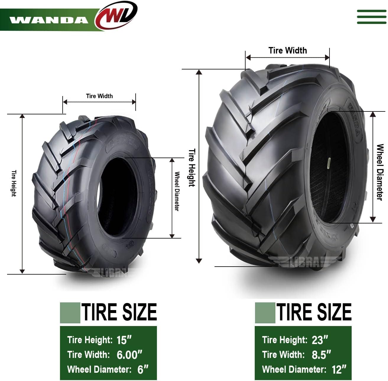 WANDA Set 4 15X6-6 & 23X8.5-12 Lawn Mower Agriculture Farm Tractor Tires Super Lug 4 Ply-13078/13073