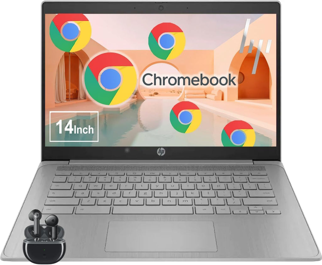 HP Chromebook 14 Laptop, Intel Celeron, 4GB RAM 64GB eMMC (Optional Upgrade to 8GB 128GB), 14' HD Display, Webcam, Chrome OS, Long Battery Life, WiFi, Wireless Earbuds, Great for School, Work & Gifts