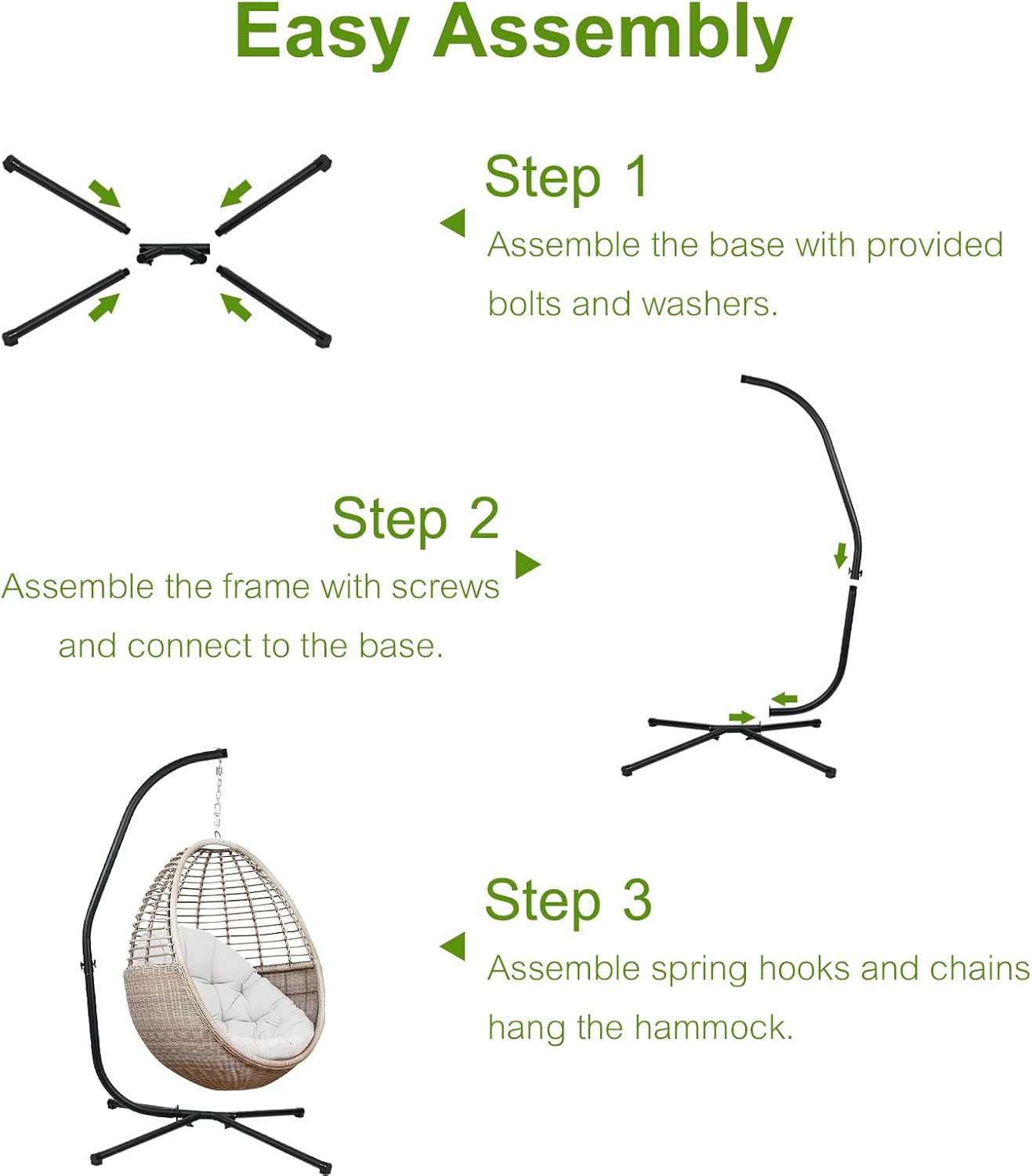 Hammock Chair Stand Only, Heavy Duty Steel C-Stand with Spring Hook, Max Load 300lbs, for Indoor, Outdoor, Black