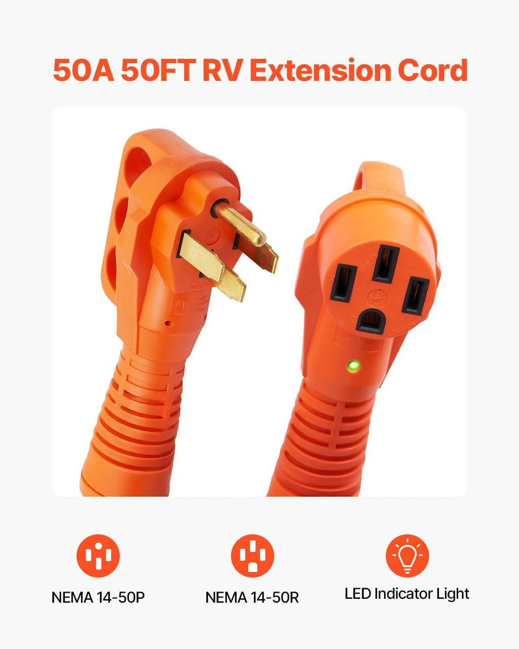 VEVOR 50FT 50 Amp RV Extension Cord, NEMA 14-50P to 14-50R, Heavy Duty STW 6/3+8/1 AWG Copper Wire, 125/250V Outdoor Power Cord for EV Charging RV Camper, 12500W, ETL Listed