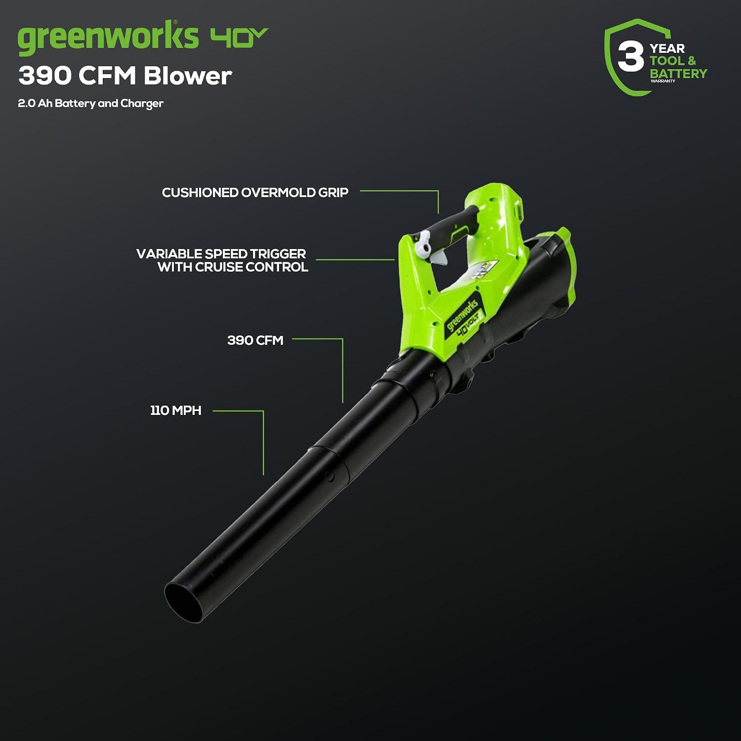 Greenworks 40V Cordless Yard Tool Combo Kit with 2.0Ah Battery & Charger – 12' Auto Feed String Trimmer and 390 CFM Leaf Blower, Lightweight Design
