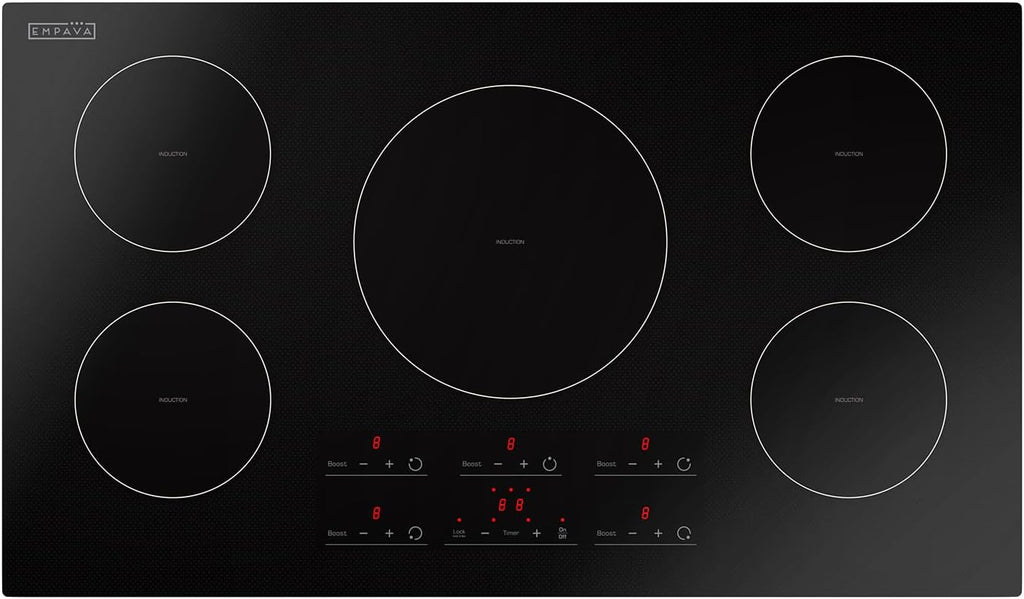 Empava 36 Inch Built-In Electric Induction Cooktop, 5 Zone Smooth Glass Surface, Touch Sensor Panel, Power Boost, Timer Control, Child Lock Feature, Hardwired Kitchen Appliance