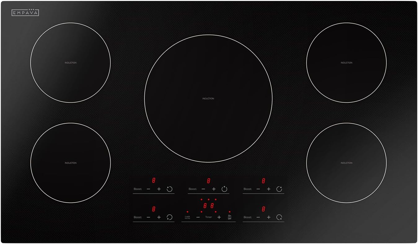 Empava 36 Inch Built-In Electric Induction Cooktop, 5 Zone Smooth Glass Surface, Touch Sensor Panel, Power Boost, Timer Control, Child Lock Feature, Hardwired Kitchen Appliance