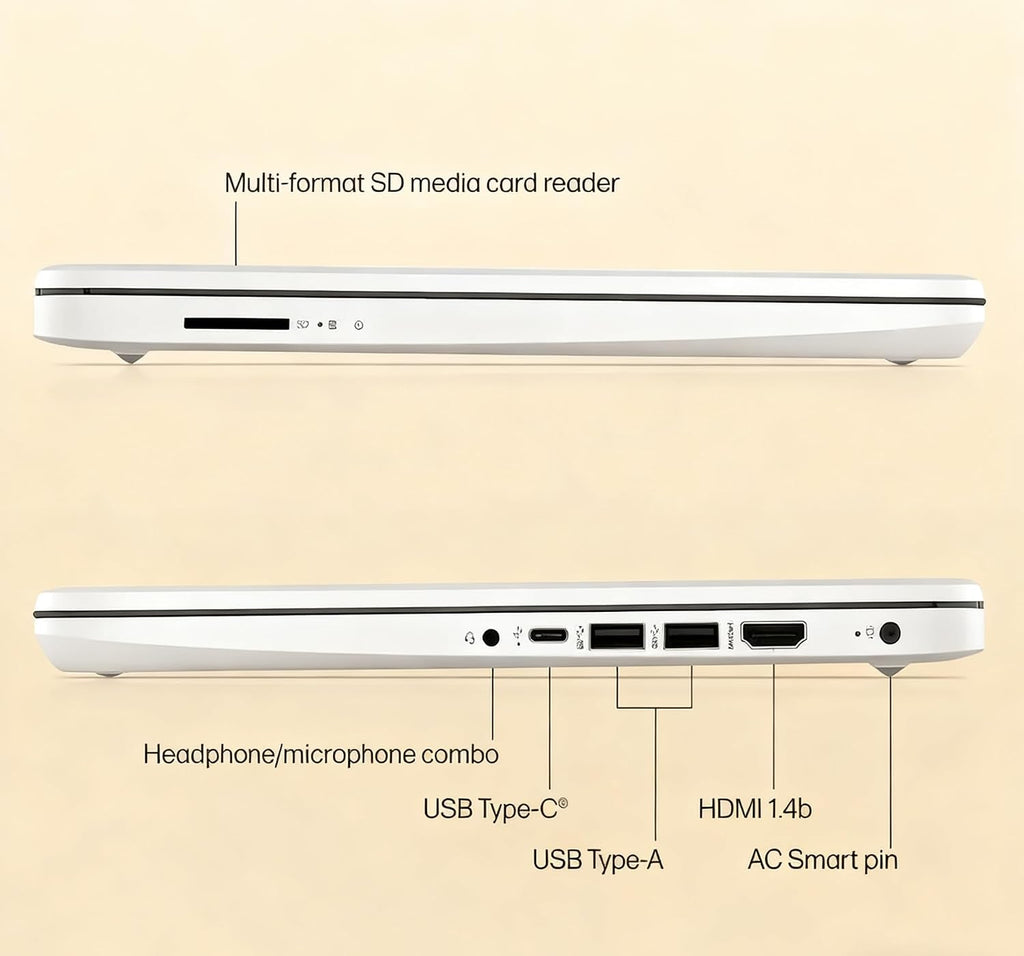 HP 14' HD Laptop - Intel Celeron, 8GB RAM, 64GB eMMC - Lightweight & 12H Battery, Sleek Design with Multiple Ports, Webcam/Mic for Business/Students/Tourists - Microsoft 365 Included, Snowflake White