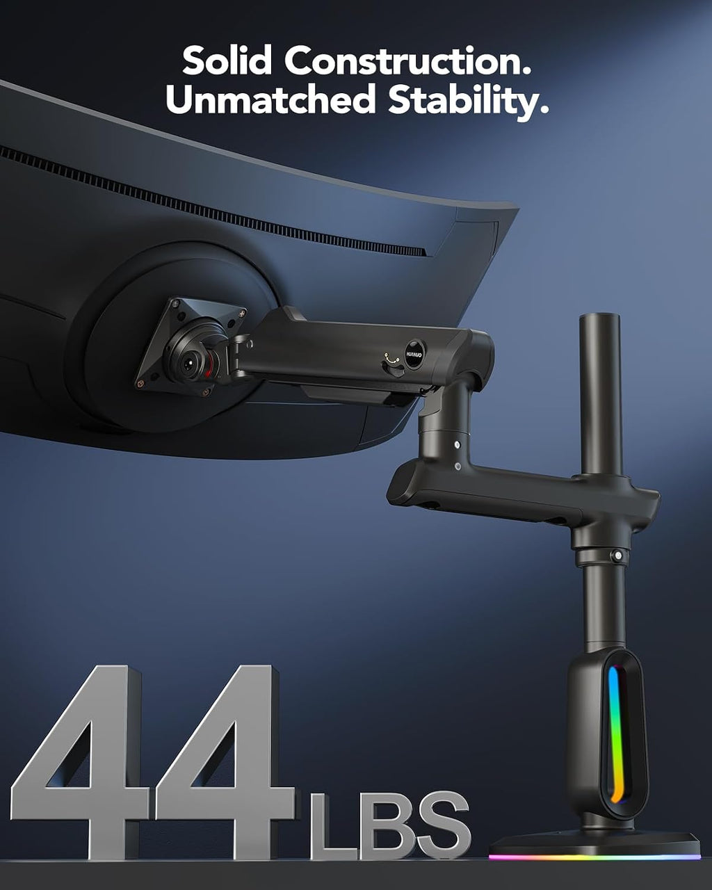 HUANUO RGB Heavy Duty Monitor Arm for Ultrawide Screens up to 57', Holds 44 lbs, Tall Ultrawide Monitor Stand with 29.1' Max Height, Fully Adjustable Single Computer Desk Mount, Max VESA 100x100mm
