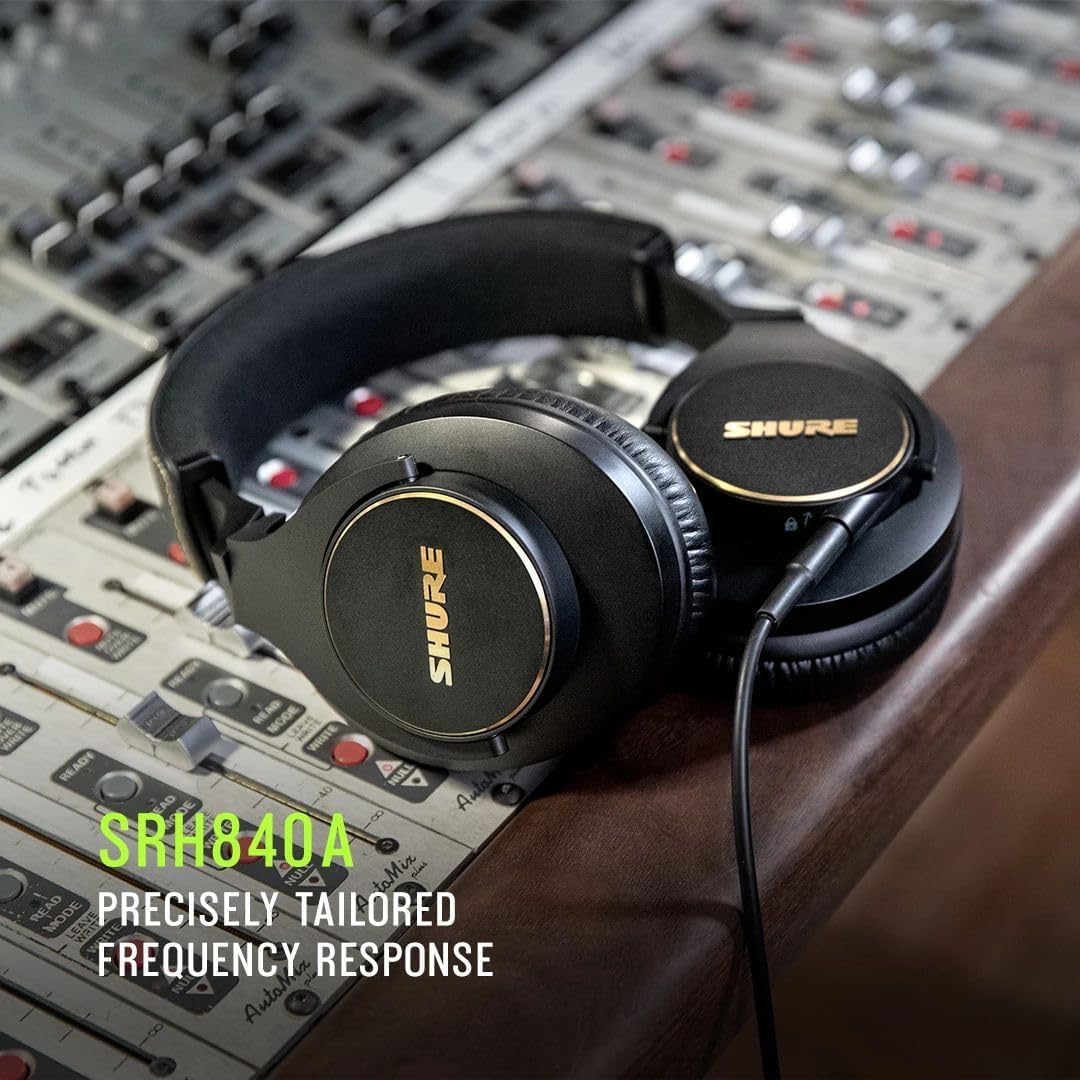 Shure SRH840A Professional Over-Ear Wired Studio Headphones – Critical Listening & Monitoring Headset with Tailored Frequency Response, Detailed Sound, Adjustable & Collapsible Design, Black