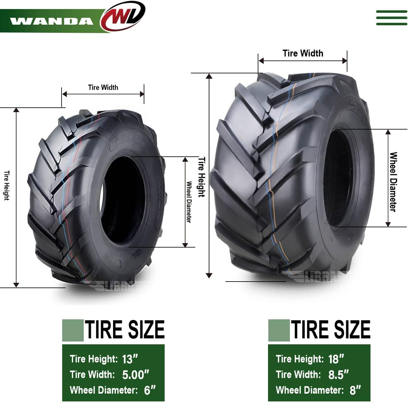 WANDA Set 4 13X5-6 & 18X8.5-8 Lawn Mower Agriculture Farm Tractor Tires Super Lug 4 Ply-13077/13079