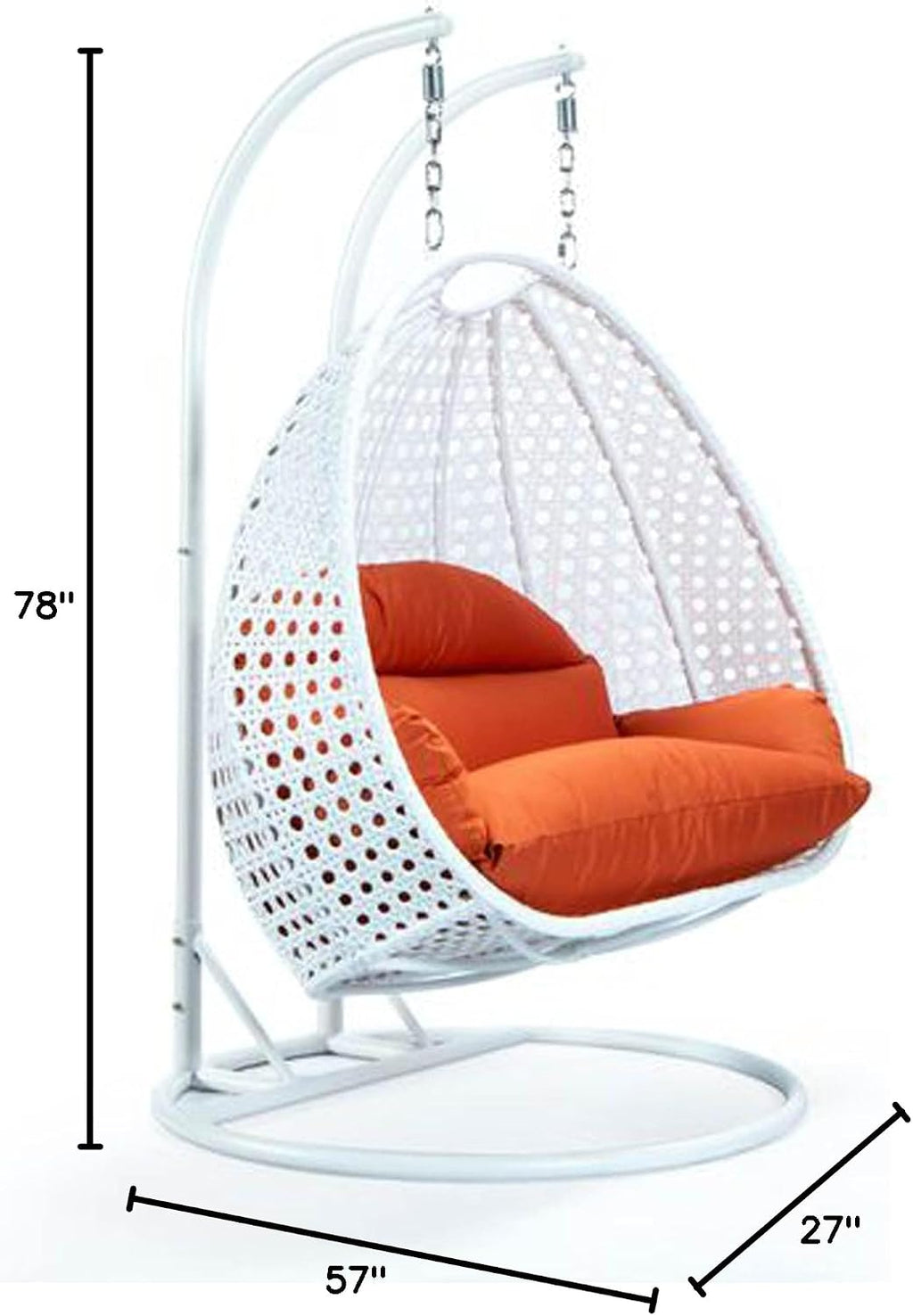 LeisureMod 2 Person Wicker Egg Chair Outdoor Indoor Bedroom Patio Hanging Lounge Swing Hammock Chairs with White Stand and UV Resistant Cushions (Orange)