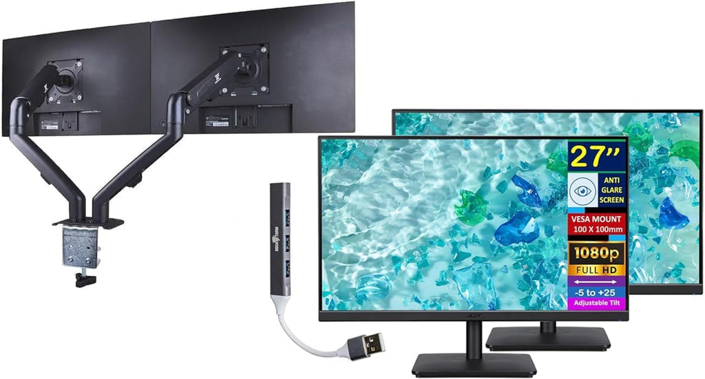acer 27' FHD IPS Monitor w/ 4ms Response Time, Anti Glare, VESA Mount (100mm), HDMI, VGA & Black Color 2 Pack with Dockztorm Hub & ErgoFlexy Dual Monitor Mount