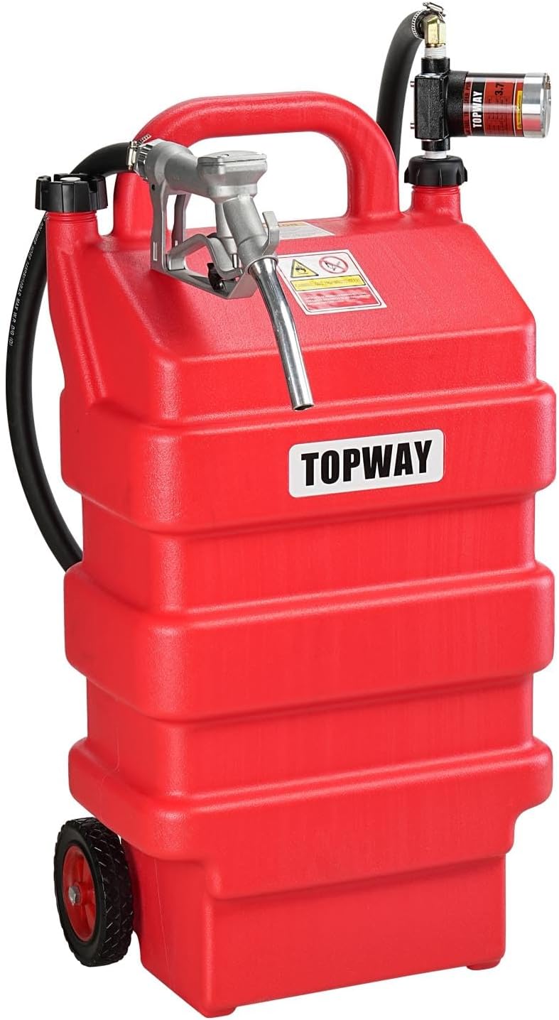 TOPWAY 16 Gallon Portable Fuel Gas Tank Container Caddy with 12V DC Electric Gasoline Diesel Fuel Self-priming Transfer Pump for Cars, Lawn Mowers, ATVs, Boats & More