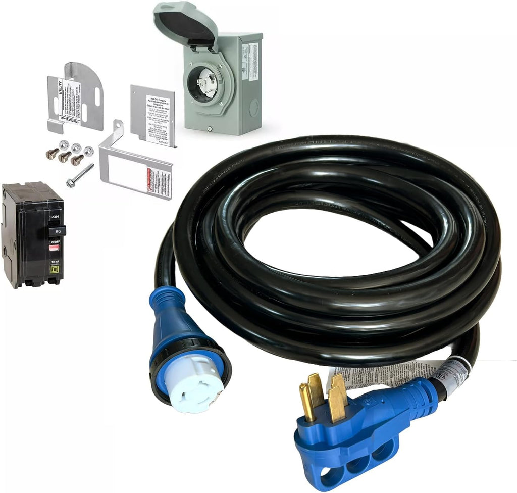 50 Amp Generator Hook-up Kit for Square D 150/200/225 Amp Load Center, 25 Ft Power Cord, Power Inlet Box, Interlock Kit (for Indoor QO Panel)