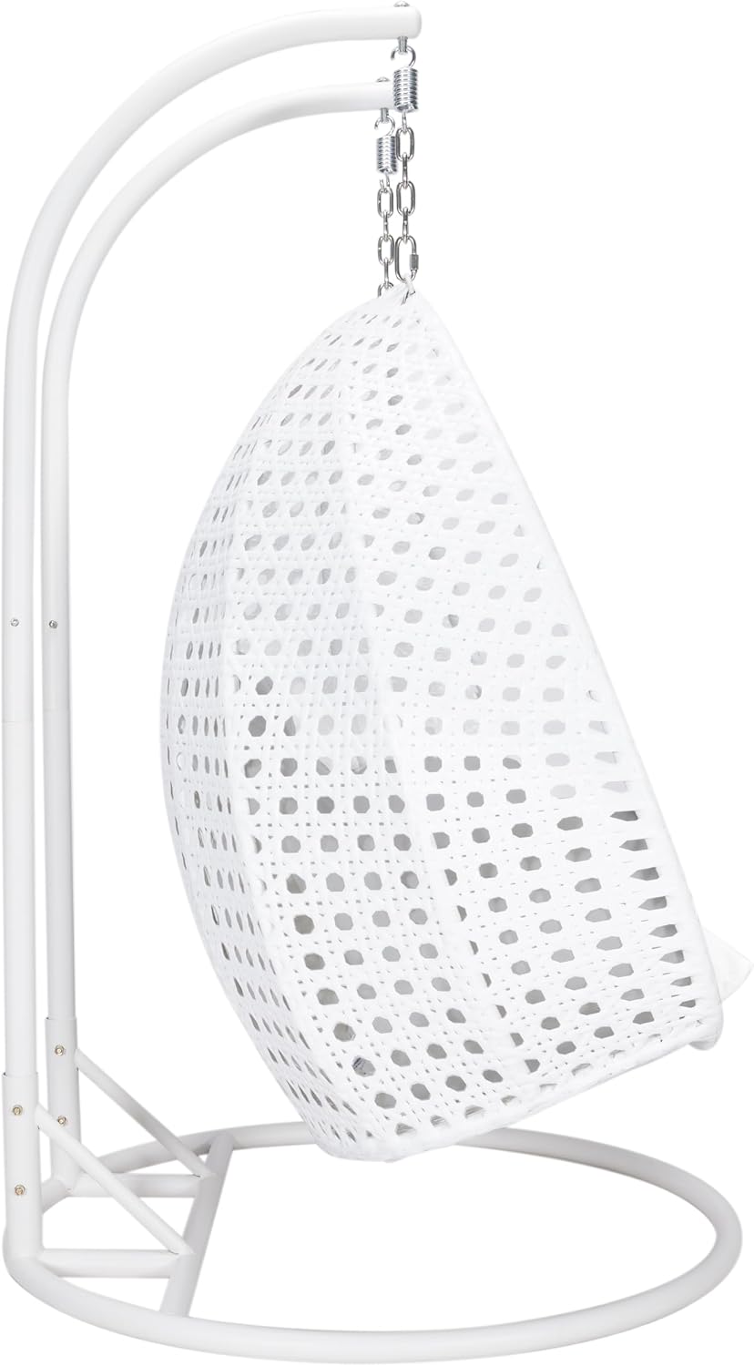 LeisureMod 2 Person Hanging Egg Chair, Indoor Outdoor Patio Lounge Swing with White Stand & UV-Resistant Cushions, Hammock Chair for Bedroom & Garden, White