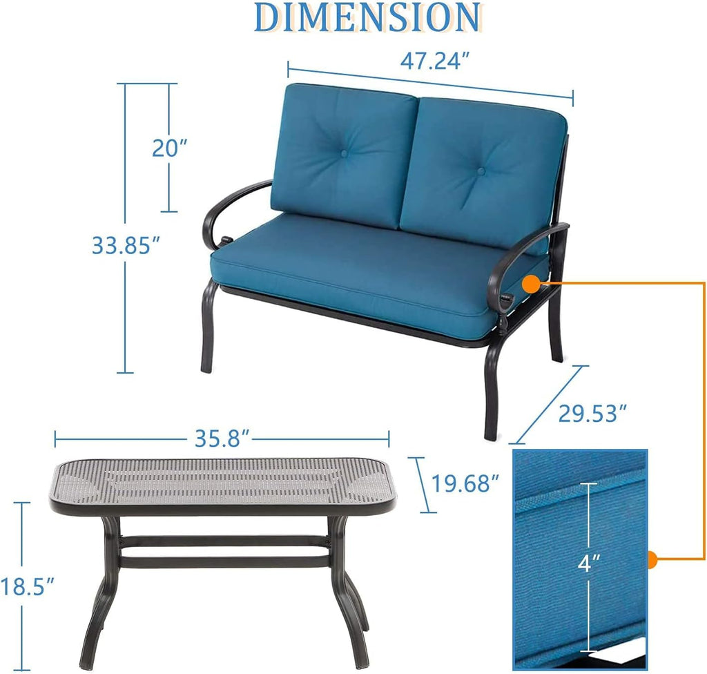 Outdoor 2 Pcs Patio Loveseat Bench Set with Bistro Coffee Table and Patio Steel Frame Sofa with Cushion, Wrought Iron Look, Lawn Front Porch Garden (Peacock Blue)