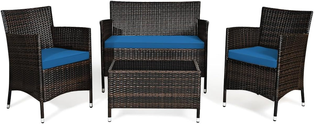 Goplus 4-Piece Rattan Patio Set, Outdoor/Indoor Wicker Conversation Set for Pool, Backyard, Lawn, Wicker Chairs and Sofa with Soft Cushion, Rattan Furniture with Tempered Glass Coffee Table