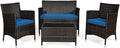 Goplus 4-Piece Rattan Patio Set, Outdoor/Indoor Wicker Conversation Set for Pool, Backyard, Lawn, Wicker Chairs and Sofa with Soft Cushion, Rattan Furniture with Tempered Glass Coffee Table