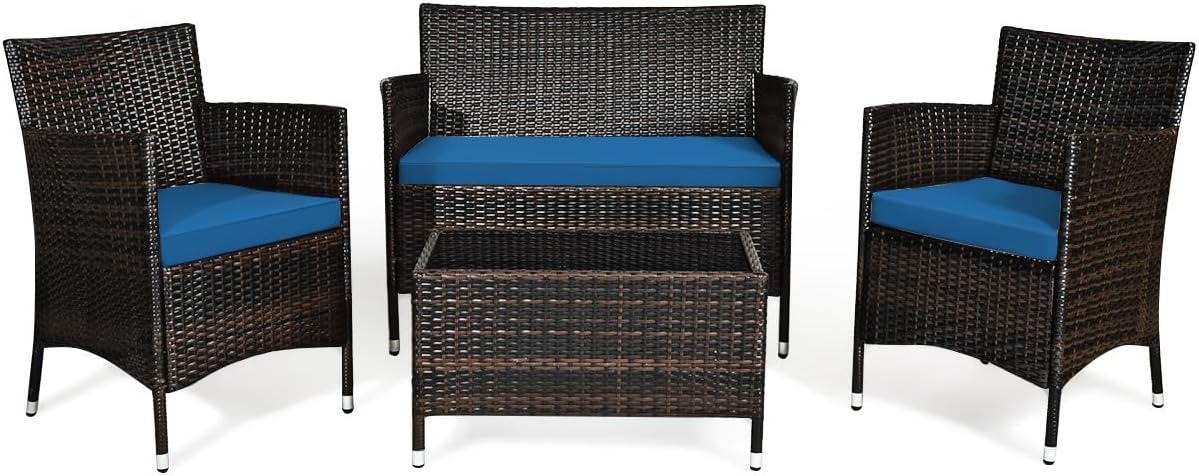 Goplus 4-Piece Rattan Patio Set, Outdoor/Indoor Wicker Conversation Set for Pool, Backyard, Lawn, Wicker Chairs and Sofa with Soft Cushion, Rattan Furniture with Tempered Glass Coffee Table